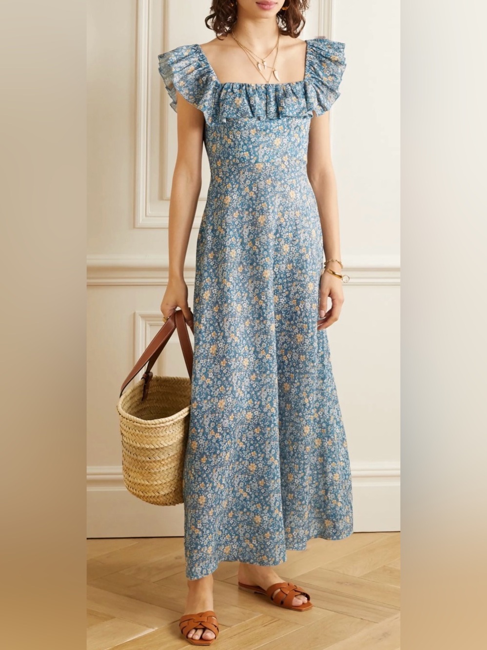Zimmermann Carnaby Ruffle Neck Floral Linen Midi Dress Blue Size 0